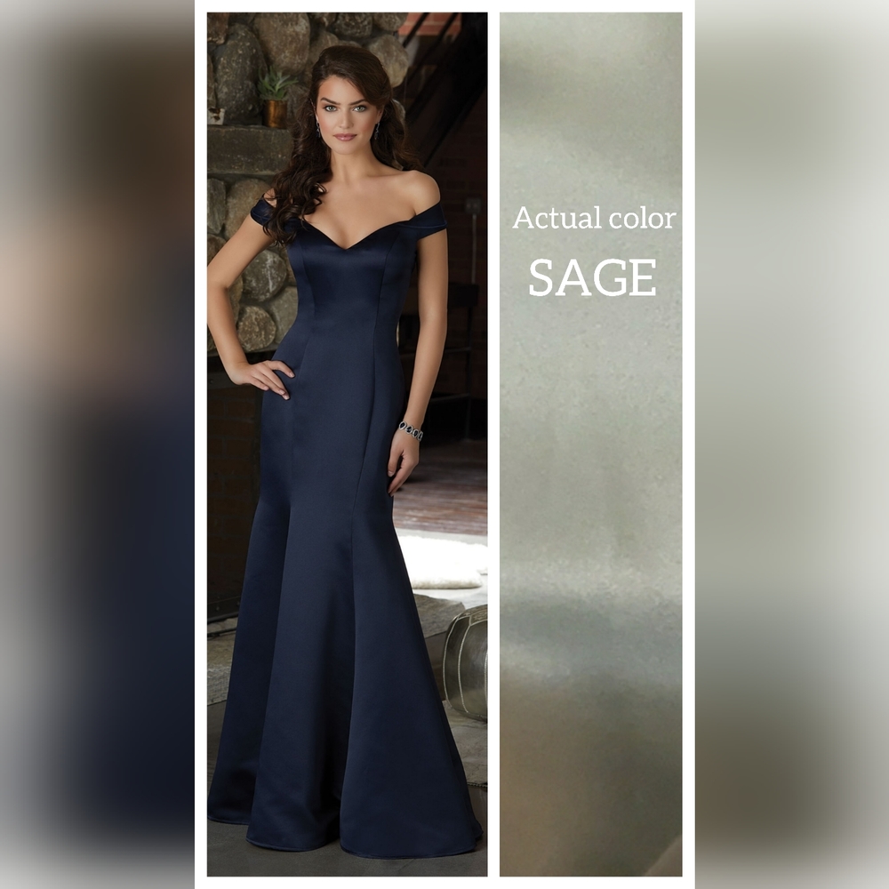Morilee Satin Bridesmaid Dress with Off The Shoulder Neckline in Sage (#21583)